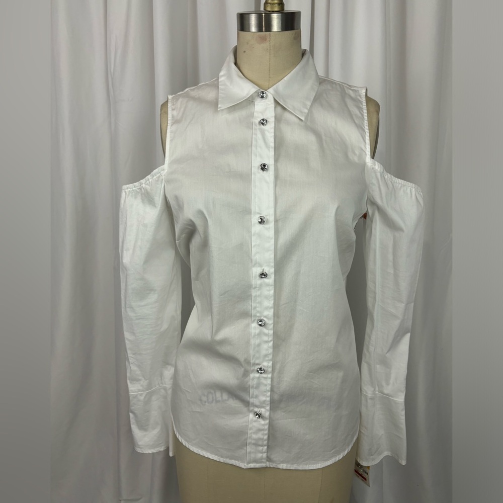 INC White Crisp Rhinestone Button Cut Out Dress Shirt Small NWT